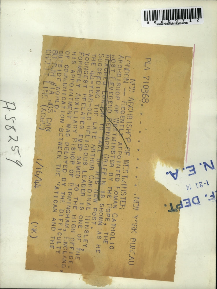 1944 Media Photo New Archbishop Reverend Bernard Griffin after arriving