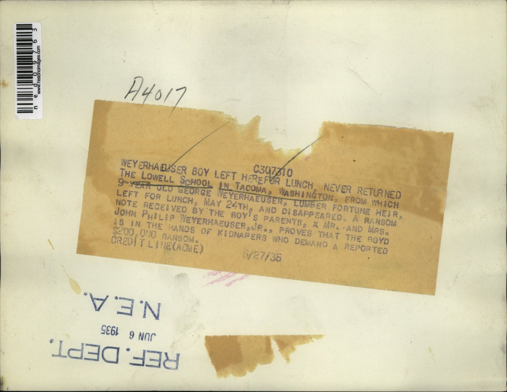 1935 Press Photo George Weyerhaeuser never returned from the Lowell School