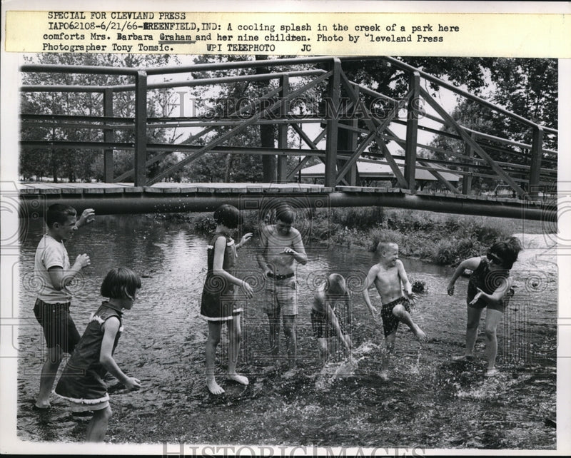 Load image into Gallery viewer, 1966 Press Photo Barbara Graham and her children enjoys the splash of water

