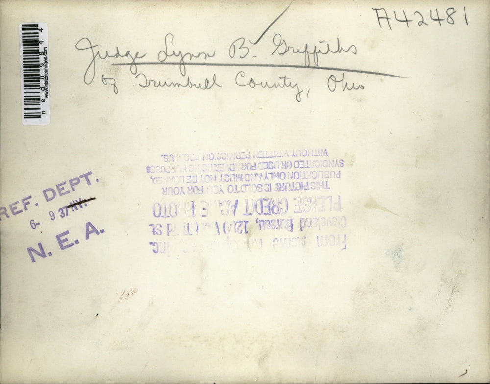 1937 Press Photo Judge Lynn B. Griffiths of Trumbull County in Ohio