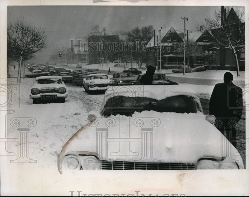 Load image into Gallery viewer, 1966 Press Photo Automobiles in Traffic Jam on Ice and Snow Covered Roads
