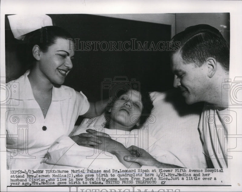 Load image into Gallery viewer, 1956 Media Photo NYC RN M Peluso, Dr Leo Hipsh &amp; patient Mrs C Medina quads mom

