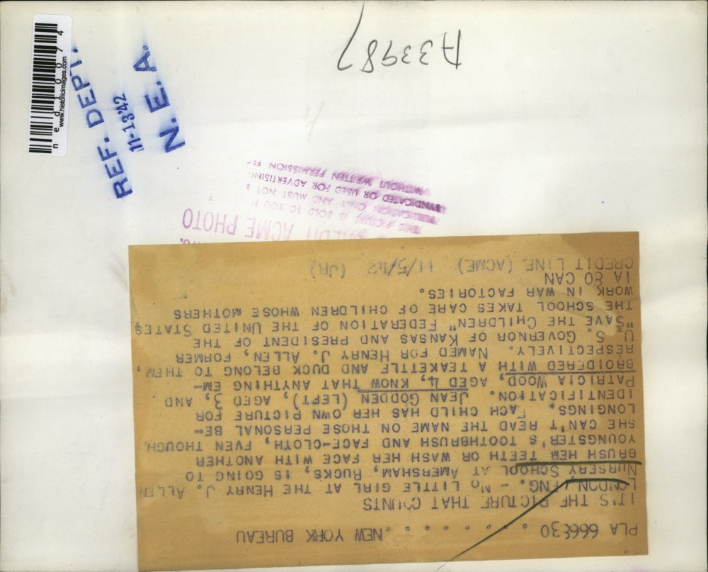 1942 Media Photo London England Jean Godden, Pat Wood at Nursery school