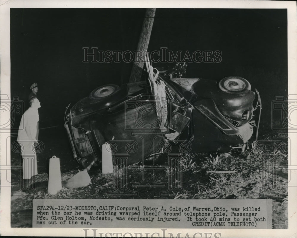 1950 Press Photo Corporal Peter Cole Killed When Car Strikes Telephone Pole