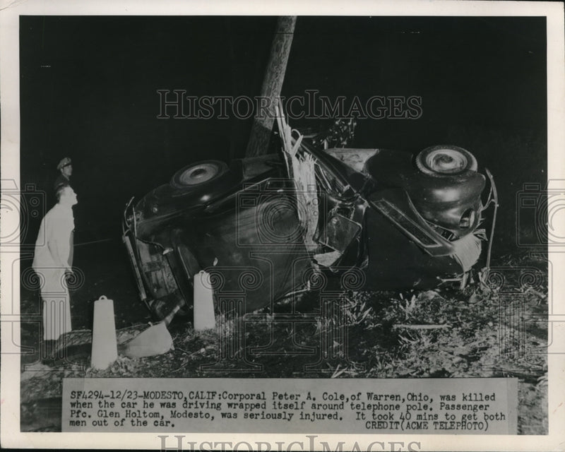 Load image into Gallery viewer, 1950 Press Photo Corporal Peter Cole Killed When Car Strikes Telephone Pole

