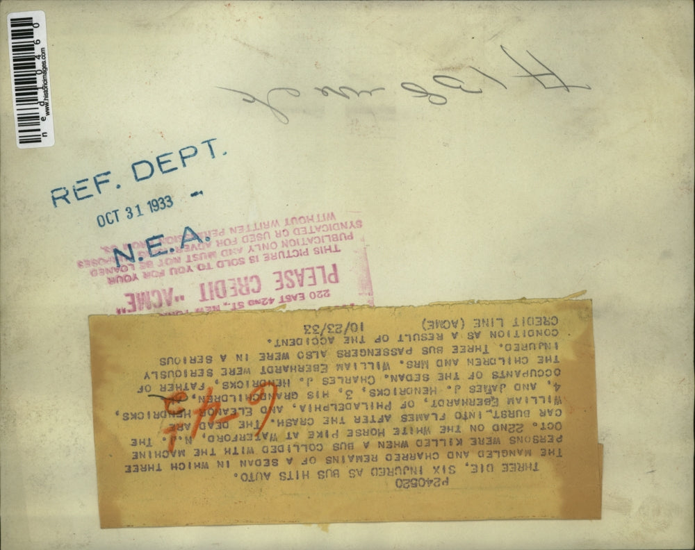 1933 Media Photo A bus hits an auto where three died and six were injured