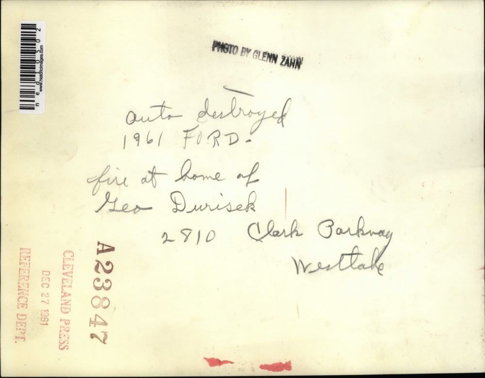 1961 Press Photo A huge fire destroyed the home and auto of Geo Durisek