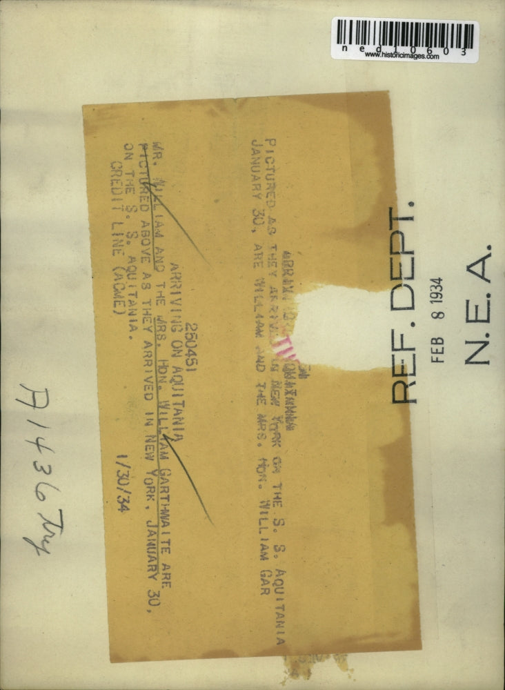 Load image into Gallery viewer, 1934 Media Photo Mr &amp; Hon William Garthwaite on Auqitania
