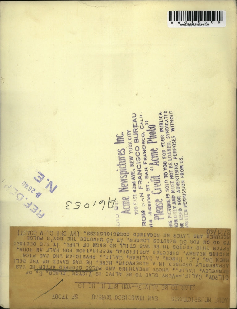 1940 Press Photo Gilroy Ca Victor Elker whose breathing and pulse had stopped