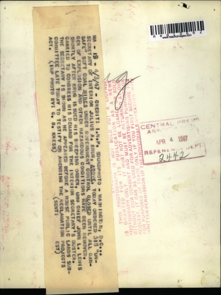 1947 Media Photo Wash DC Sec of Interior Julius A Krug