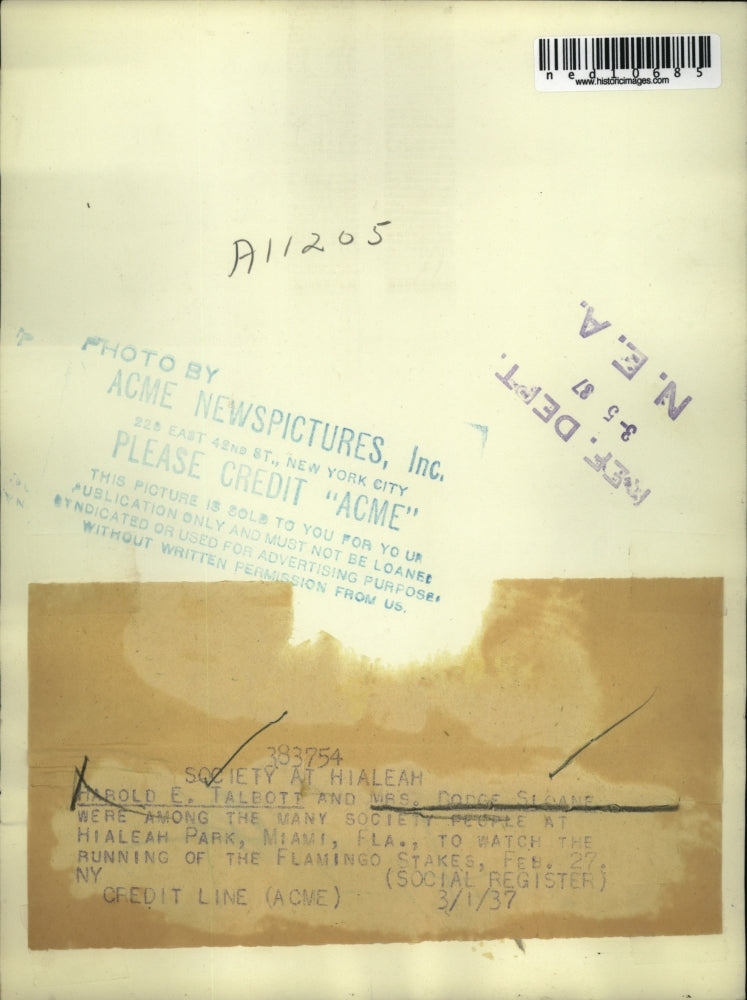 1937 Media Photo Mrs Dodge Sloane & Harold Talbott at Hialeah Park, Fla.