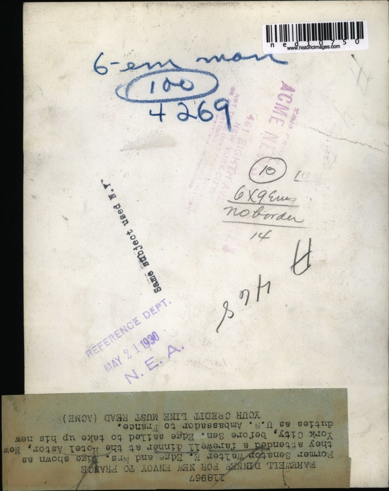 1930 Media Photo Ex-Senator Walter Edge & wife at farewell dinner