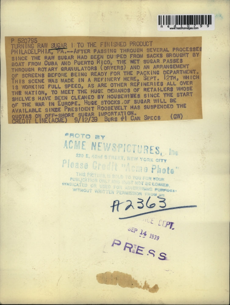 1939 Media Photo Philadelphia Pa wet sugar in rotary granulator at refinery