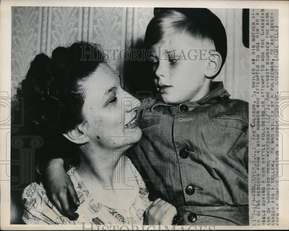 1949 Media Photo Ian Erlason after being used as a shield by a bank robber.