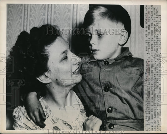 1949 Media Photo Ian Erlason after being used as a shield by a bank robber.