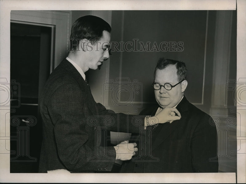 Load image into Gallery viewer, 1938 Media Photo Comptroller Joseph McGoldrick receives a gold pini
