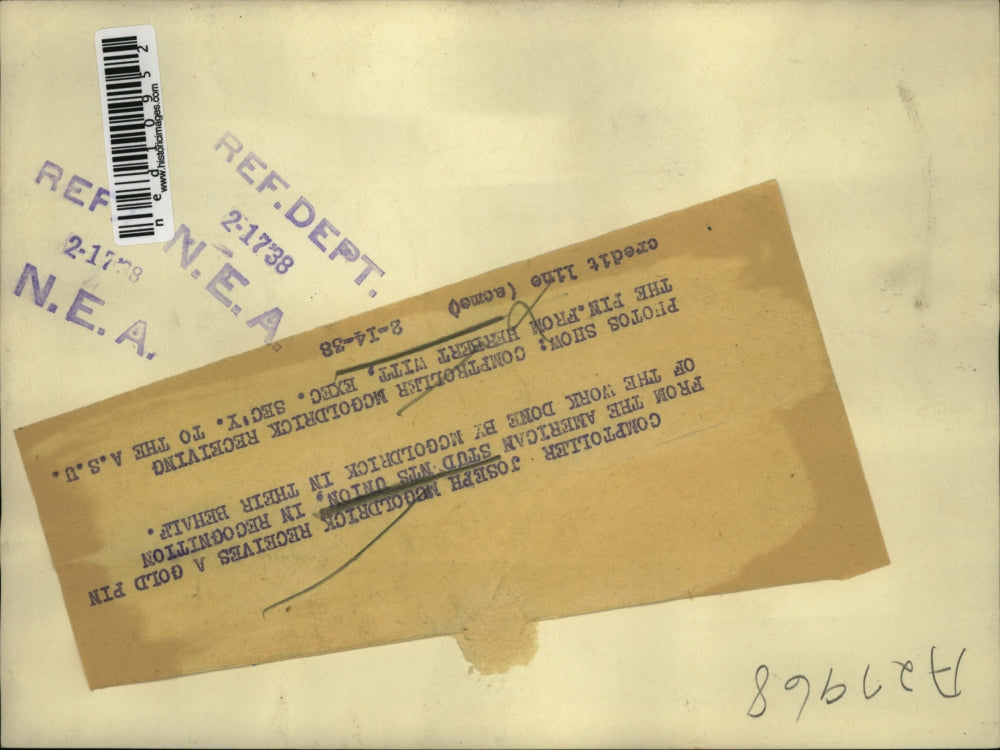 1938 Media Photo Comptroller Joseph McGoldrick receives a gold pini