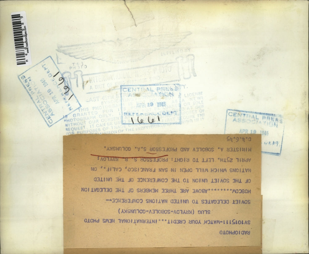 1945 Media Photo Soviet United Nations SB Krylov SA Golunsky Delegates