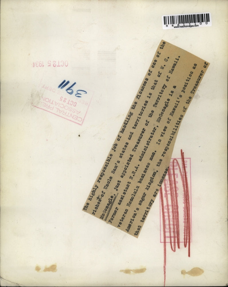 1934 Press Photo WC McGonagle Treasurer Hawaii Honolulu