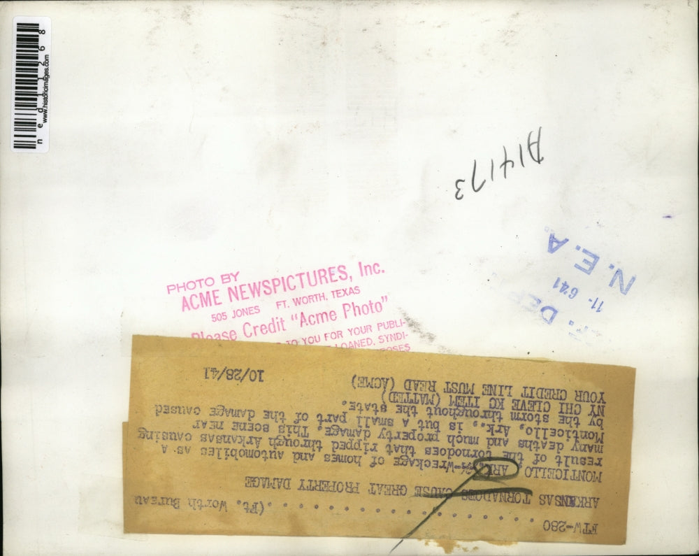 1941 Media Photo Monticello Arkansas Tornadoes Property Damage Homes Automobiles