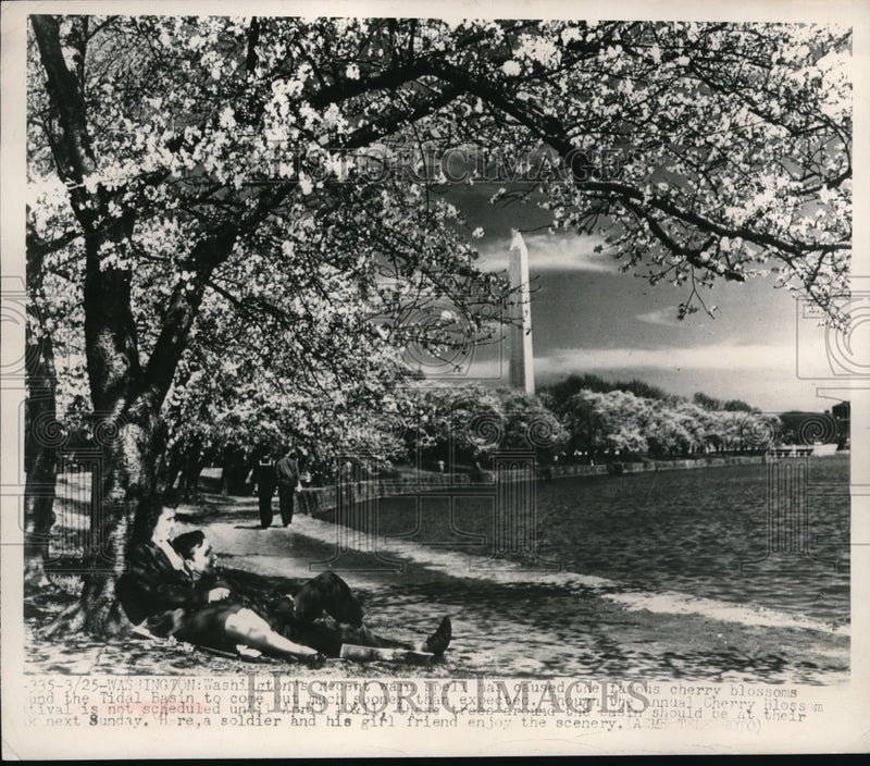 Load image into Gallery viewer, 1948 Media Photo soldier and girlfriend enjoy cherry blossoms at Tidal Basin
