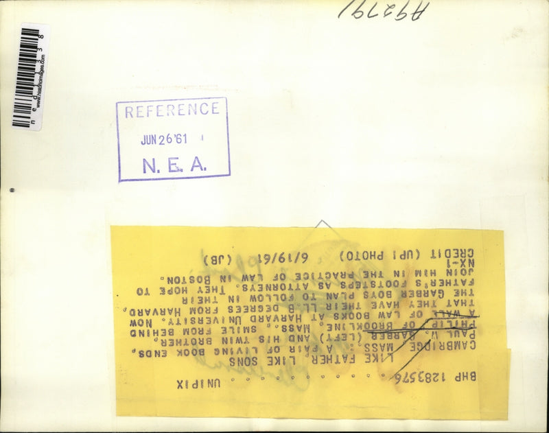 Load image into Gallery viewer, 1961 Media Photo Paul Garber and brother Philip at the Harvard University
