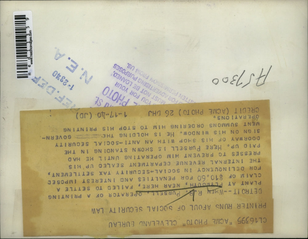 1940 Media Photo Mr Pursell holding orders to stop operating from govenment