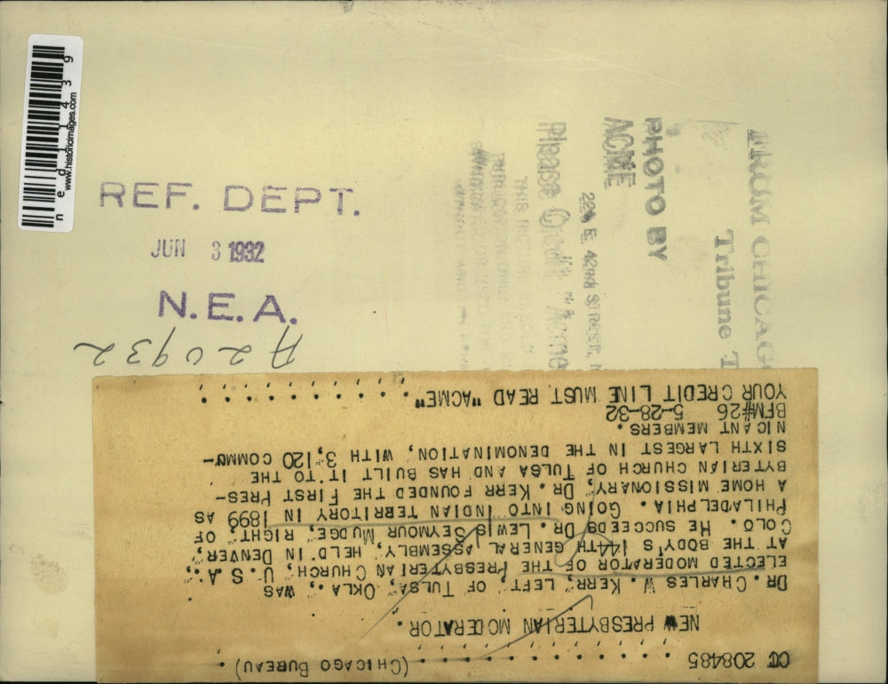 1932 Media Photo Dr. Charles Kerr was elected moderator of the Presbyterian chu.