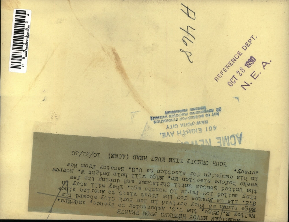 1930 Media Photo Walter edge The US Ambassador to France and her wife