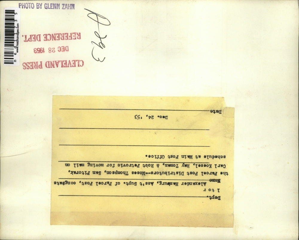 1953 Media Photo Alex Hamburg Asst Super of Parcel Post, M Thompson