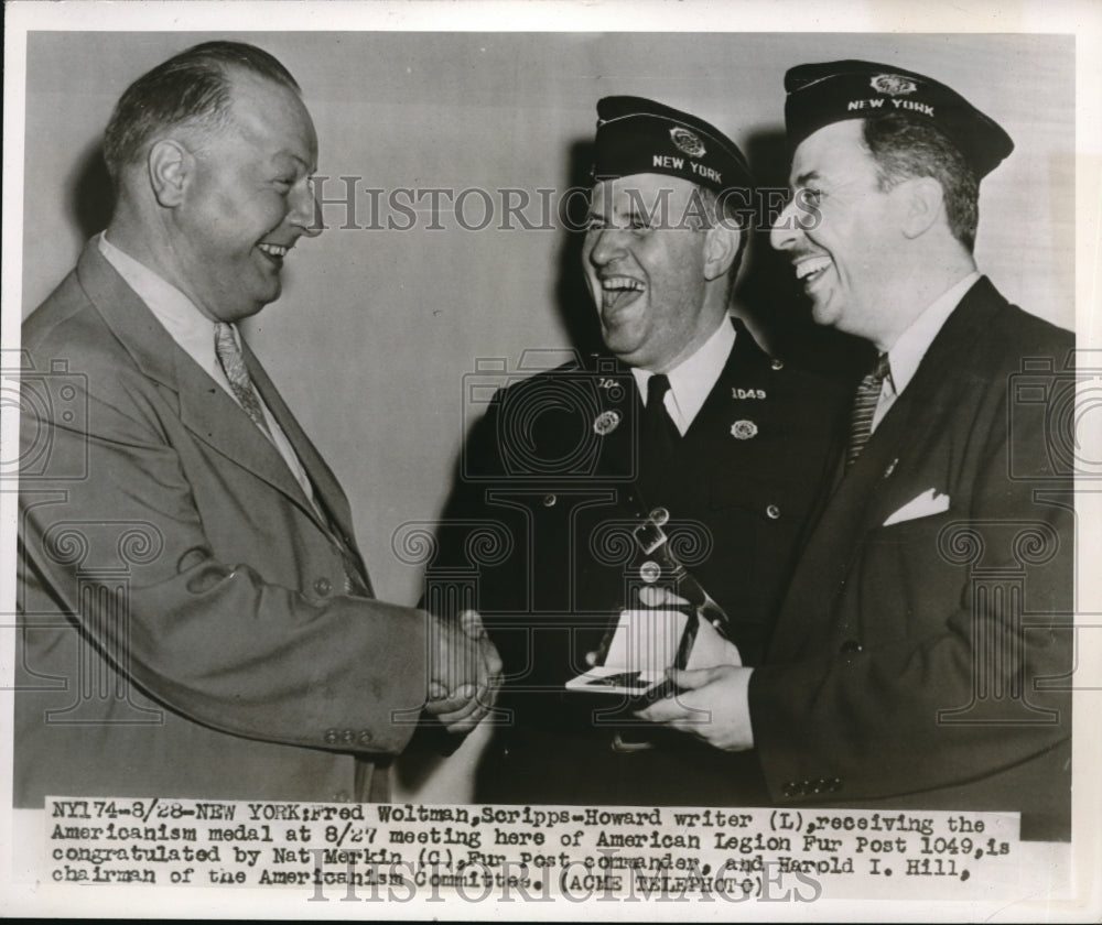 1947 Media Photo Fred Woltman, Scripps Howard Writer Receives Americanism Medal