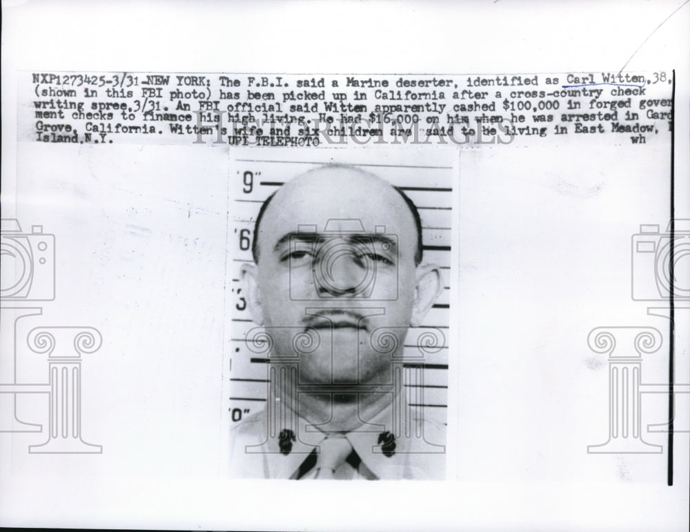 1961 Media Photo Carl Witten Picked Up by FBI for Check Writing Spree