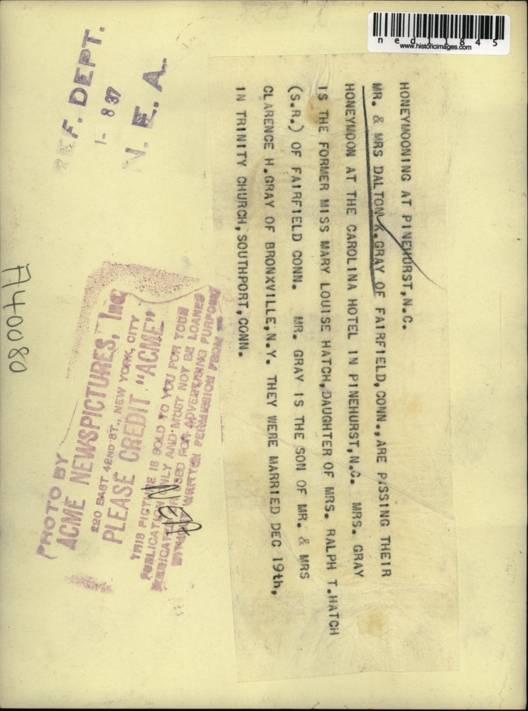 1937 Media Photo Mr and Mrs Dalton K Gray Honeymoon Photo in Pinehurst, NC