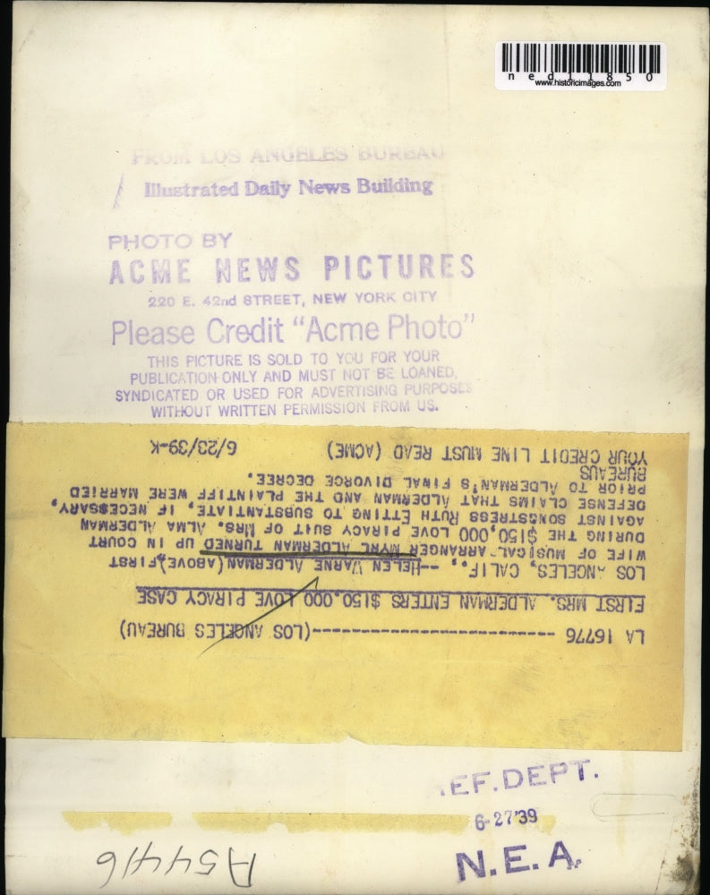 1939 Media Photo Los Angeles, CA Helene Varne Alderman Piracy Trial