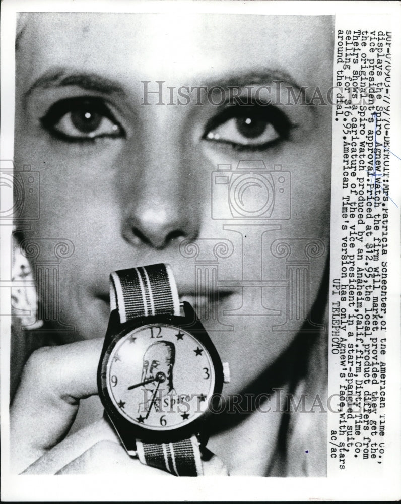 Load image into Gallery viewer, 1970 Media Photo Patricia Schechter Displaying Spira Agnew Watch
