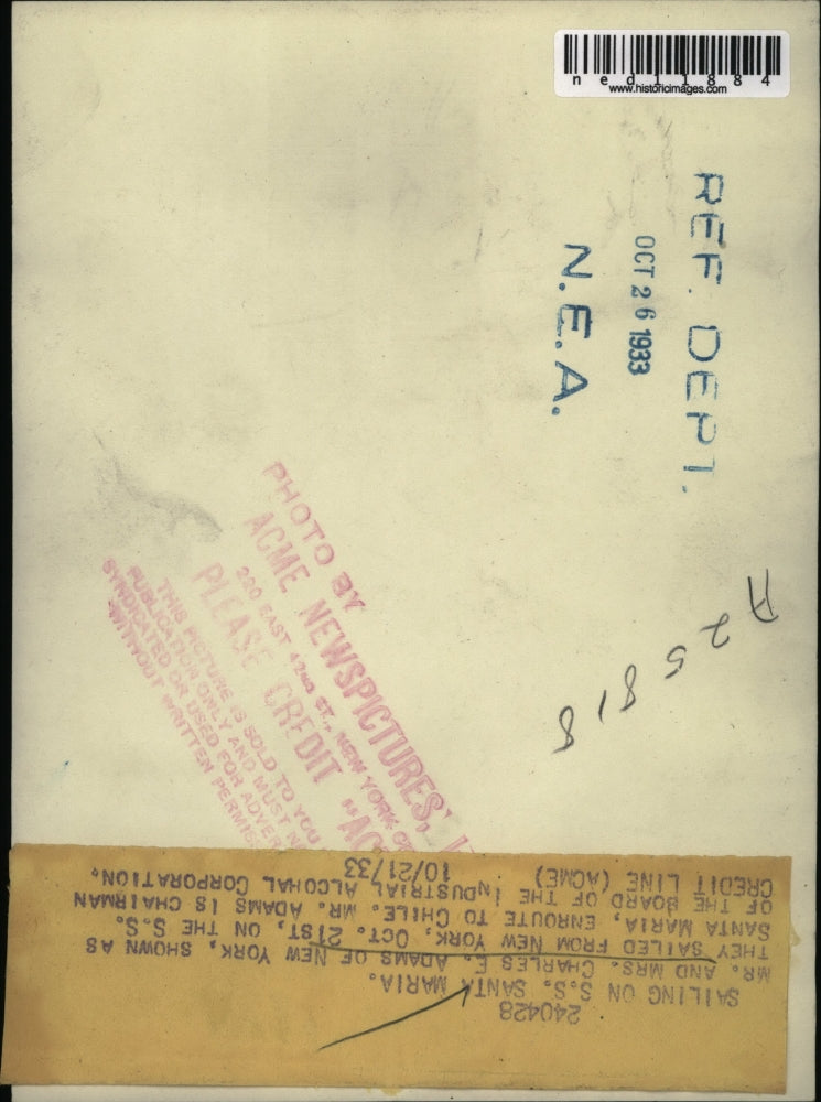 Load image into Gallery viewer, 1933 Media Photo Mr &amp; Mrs Charles Adams of New York on Santa Maria Trip
