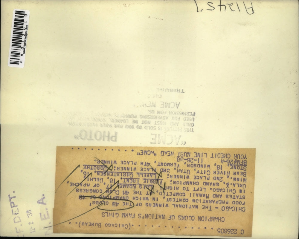 1938 Media Photo Chicago National winners of the 4-H CLubs food preparation