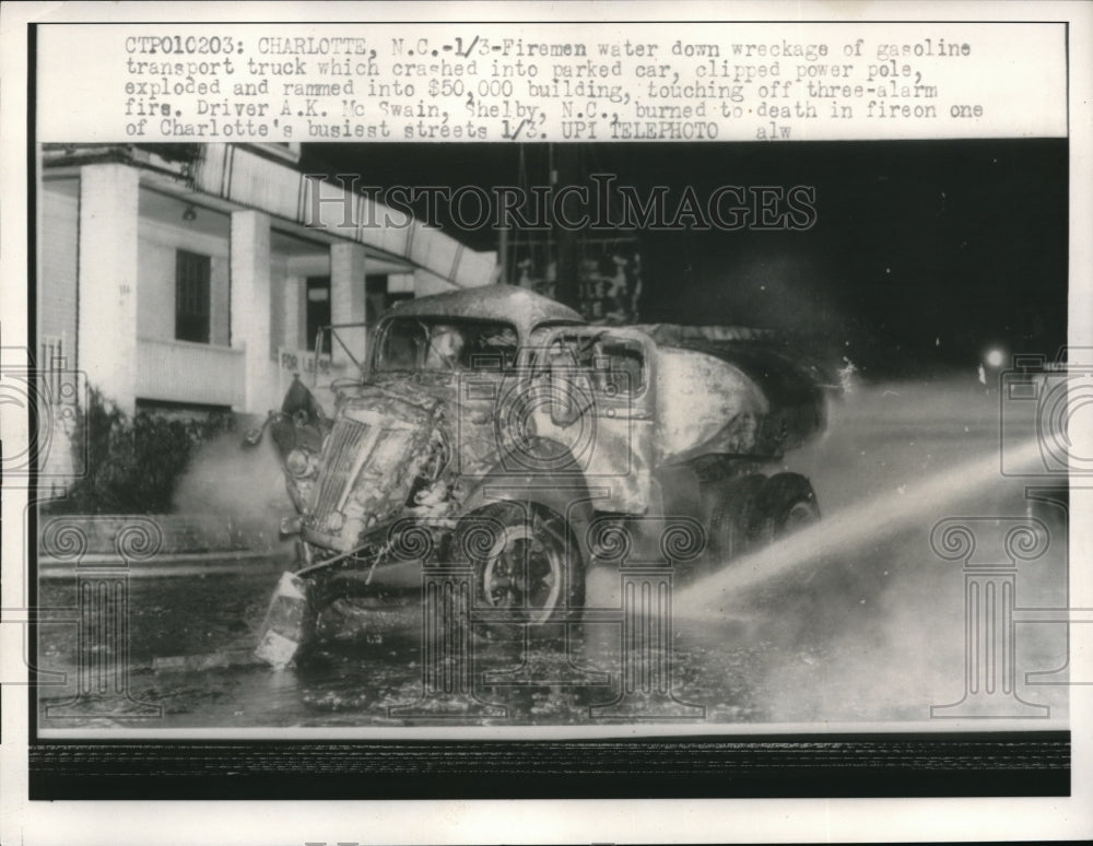 1959 Press Photo Gasoline Transport Truck Exploded