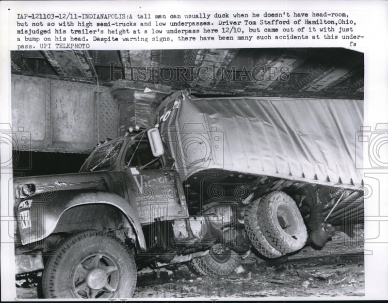 Load image into Gallery viewer, 1958 Media Photo Tom Stafford Crashes Truck Into Too Low Overpass
