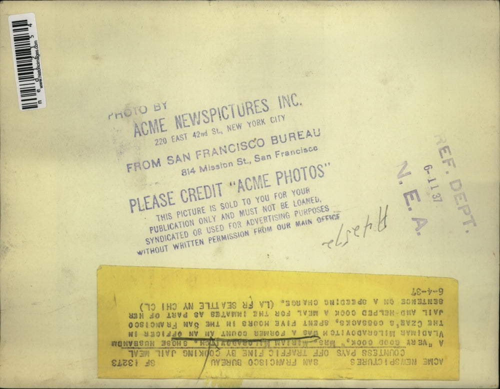 1937 Press Photo Mrs Mirian Milgradovitch Vladimar Czar San Francisco Jail