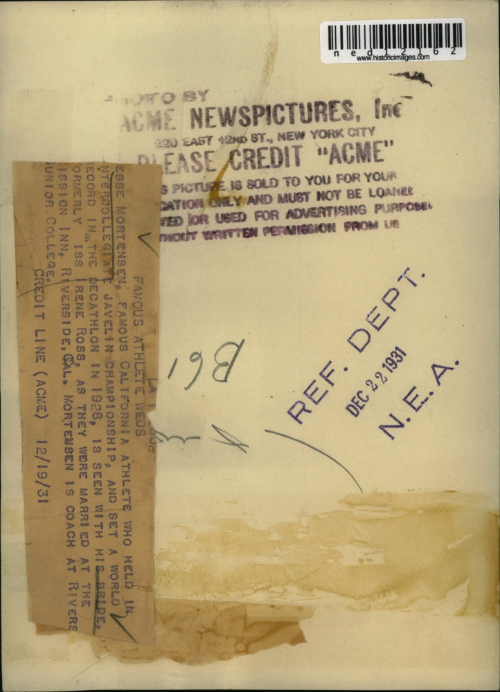 1931 Media Photo Esse Mortensen California Athlete Javelin Championship