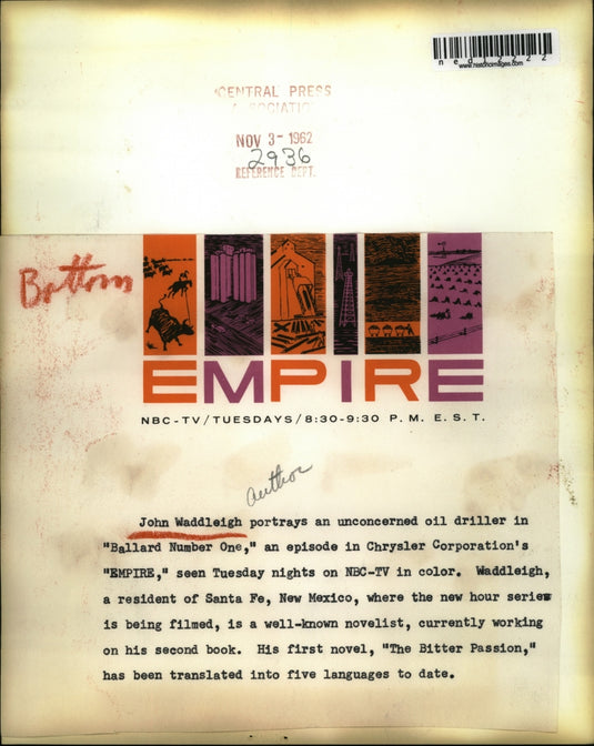 1962 Press Photo John Waddleigh portrays oil driller in Ballard Number one