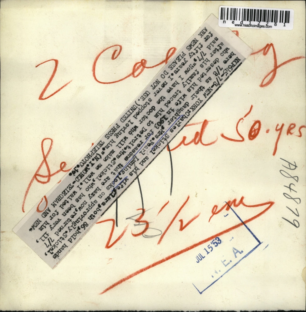 1953 Media Photo Charles Stickel, wife, Clara, both 86, hold hands