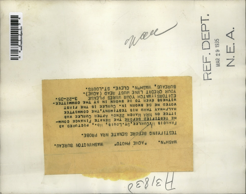 1935 Media Photo Francis M Curlee Testifying Before Senate