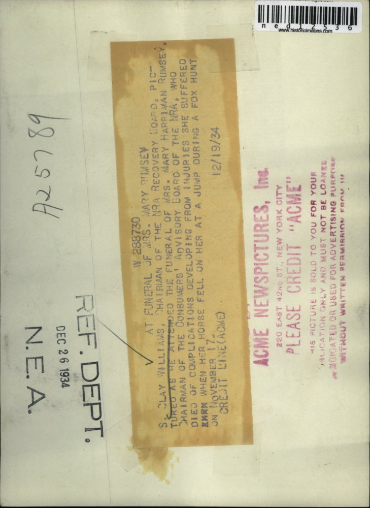 1934 Press Photo S. Clay Williams, NRA Chairman at Mary Rumsey Funeral