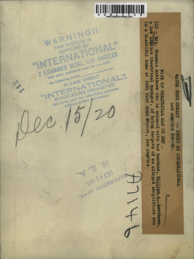 Load image into Gallery viewer, 1925 Media Photo Frances Matthews, Wife of William A., LA Shoplifting Suspects
