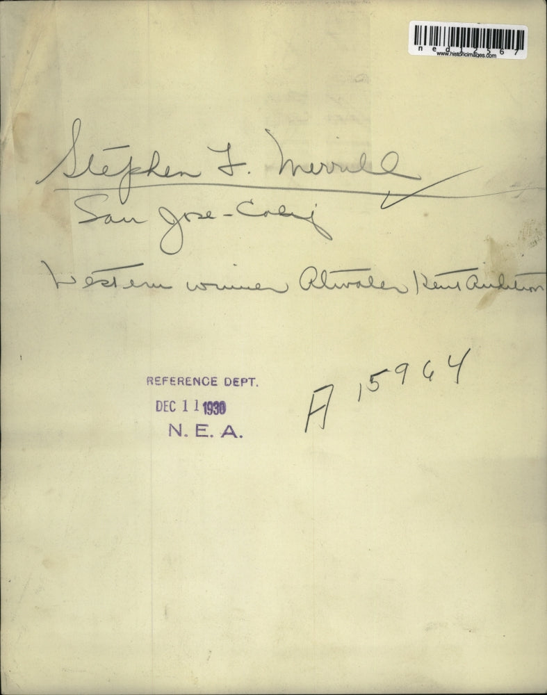 1930 Media Photo Stephen J. Merrill of San Jose California