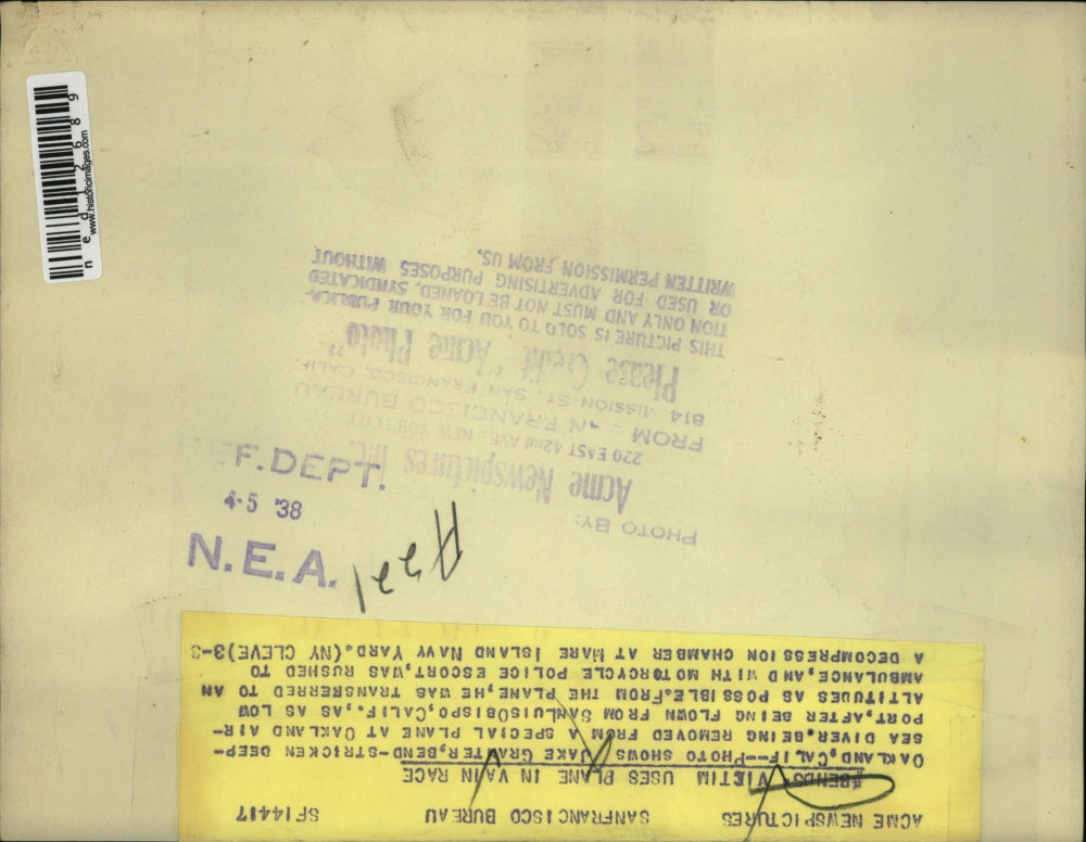 1938 Media Photo Jake Grawter deep-sea Diver removed from Special Plane.