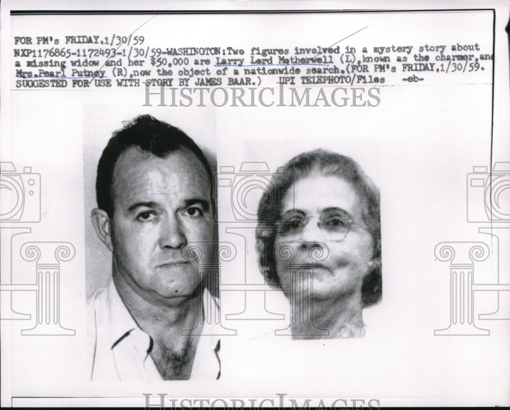 1959 Press Photo The mystery of the missing Mrs. Pearl Putney with the charmer