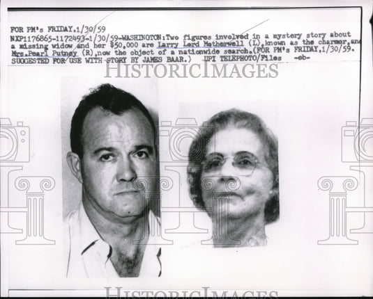 1959 Press Photo The mystery of the missing Mrs. Pearl Putney with the charmer